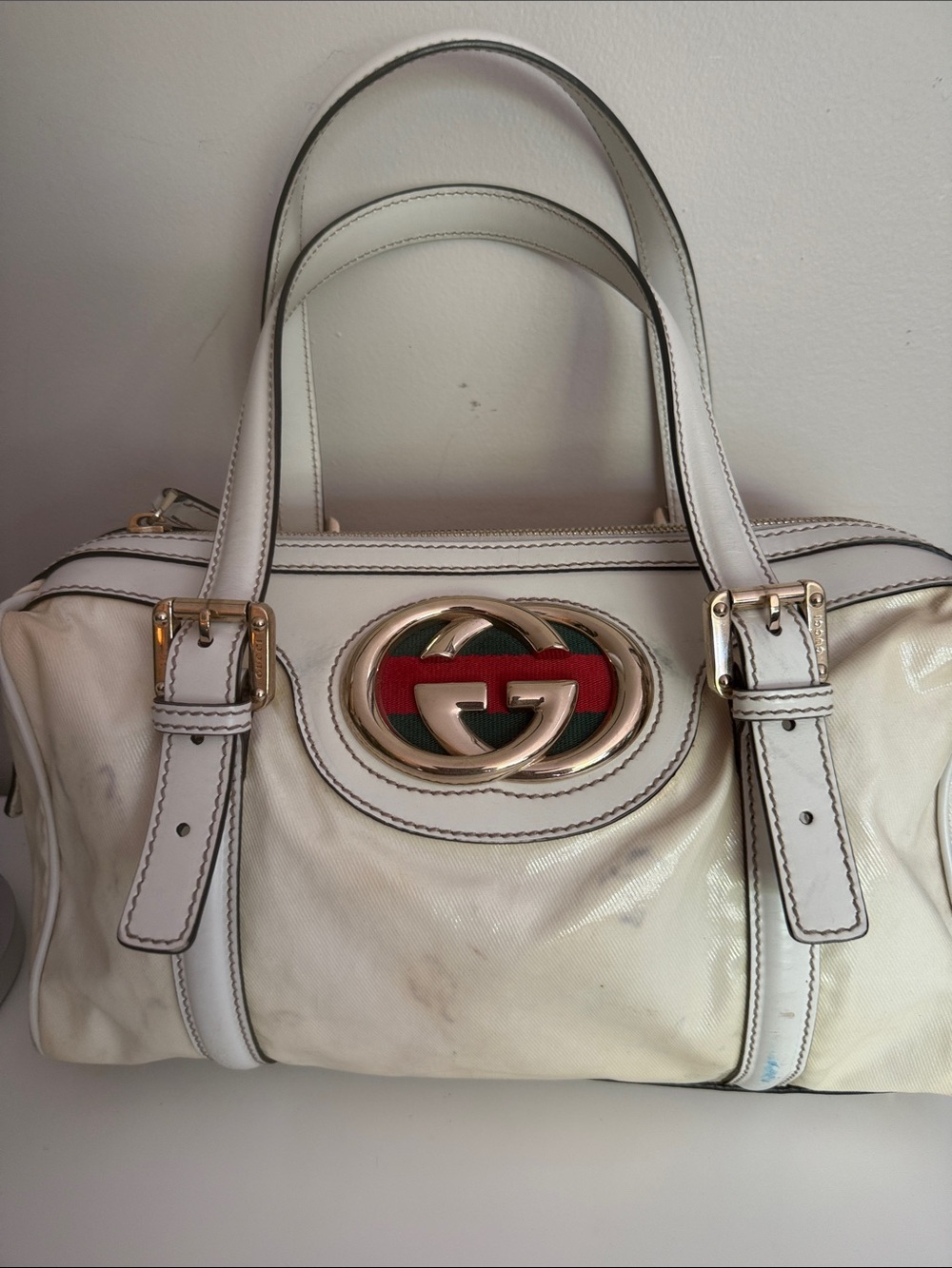 Gucci White Satchel with Red and Green Web and Gold Logo